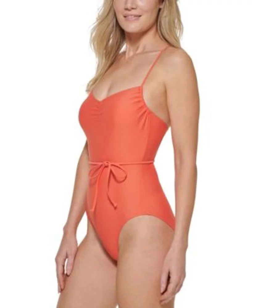 Tommy Hilfiger Women's Crisscross Back Tie-Belt One Piece Sizewimsuit Orange Sizeize 16