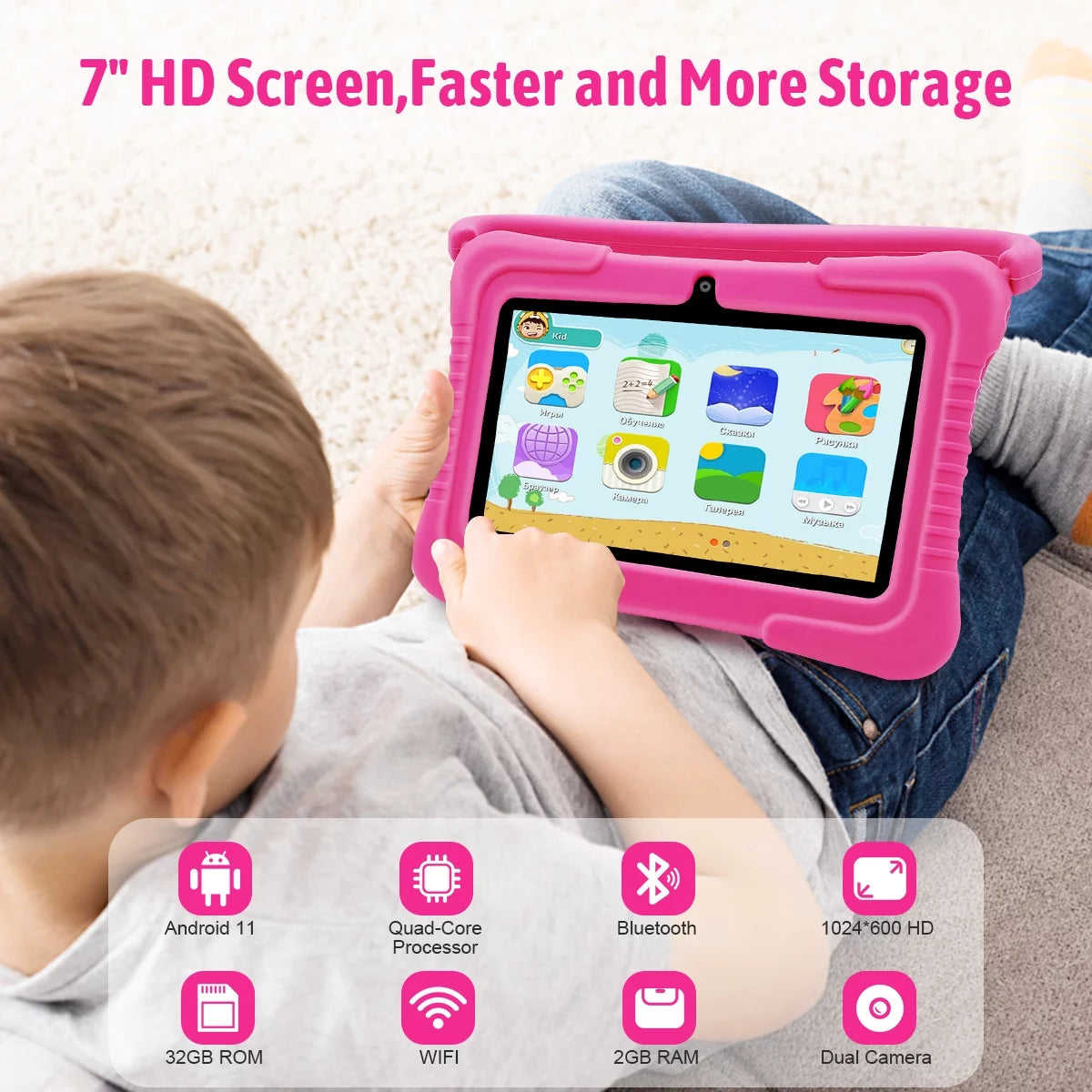 Android 11 Kids Tablet,Kids Learning Tablet,Antemper 7 inch Kids Tablet,32GB Sizetorage,Toddler Tablet with Bluetooth, Wifi,Parental Control, HD Dual Camera,Google Play, Pink