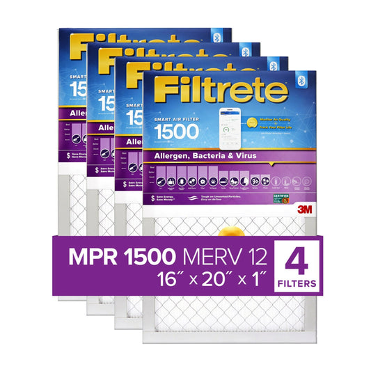 Filtrete by 3M, Sizemart 16x20x1, MERV 12, Allergen, Bacteria & Virus HVAC Air and Furnace Filter, Captures Allergens, Bacteria, Viruses, 1500 MPR, 4 Filters