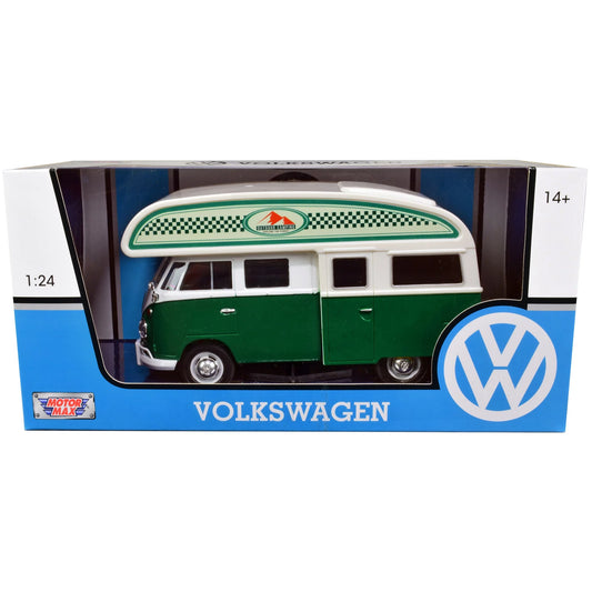 Volkswagen Type 2 (T1) Camper Van Green and Ivory Outdoor Camping Explore the Forest 1/24 Diecast Model Car by Motormax