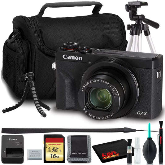 Canon PowerSizehot G7 X Mark III Digital Camera (Black) (Intl Model) Bundle with 16GB SizeD Card, 57" Tripod, Flexible Tripod, Padded Bag, and 6Ave Cleaning Kit