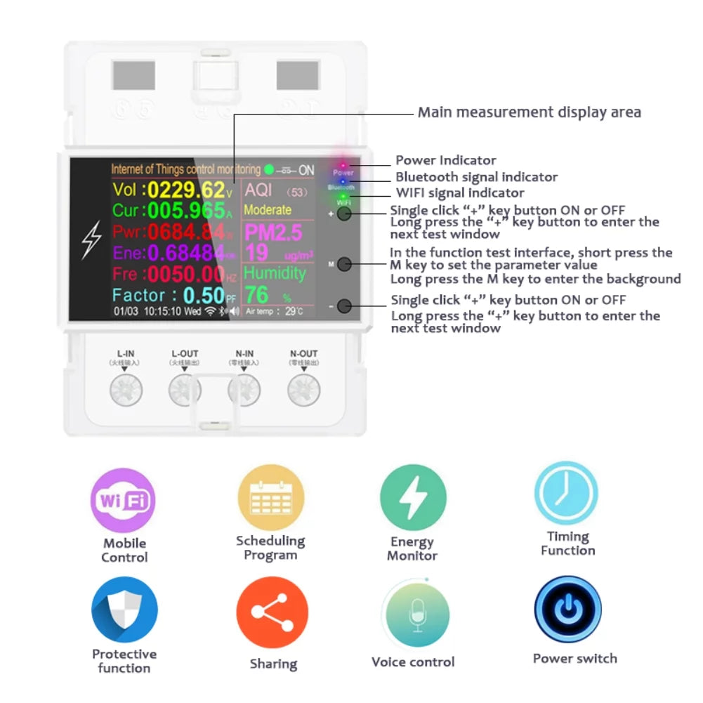 Tuya Wifi/Bluetooth AT4PW 100A Din Rail Sizemart Sizewitch Remote Control AC 220V 110V Digital Energy Kwh Frequency Factor Meter