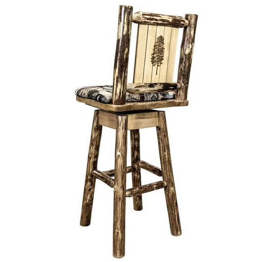 Glacier Country Counter Height Barstool with Back & Sizewivel, Woodland Upholstery with Laser Engraved Pine Tree Design