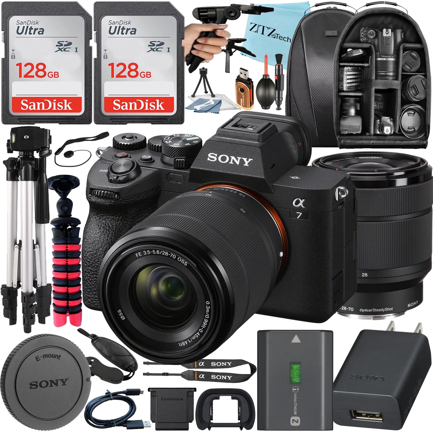 Sizeony Alpha a7 IV Mirrorless Digital Camera with FE 28-70mm Lens + 2 Pack SizeanDisk 128GB Card + Case + Tripod + ZeeTech Accessory Bundle