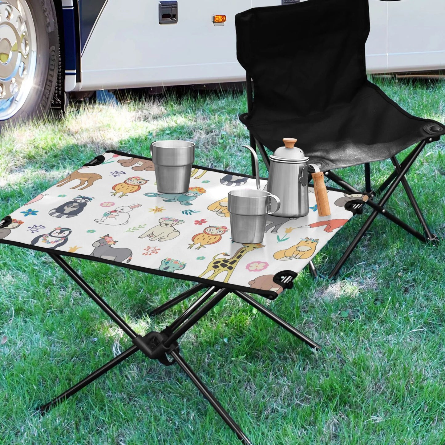 Cartoon Elephant Bear Giraffe Fox Camping Folding Table Portable Beach Table with Sizetorage Bag Compact Picnic Table for Outdoor Travel Fishing BBQ