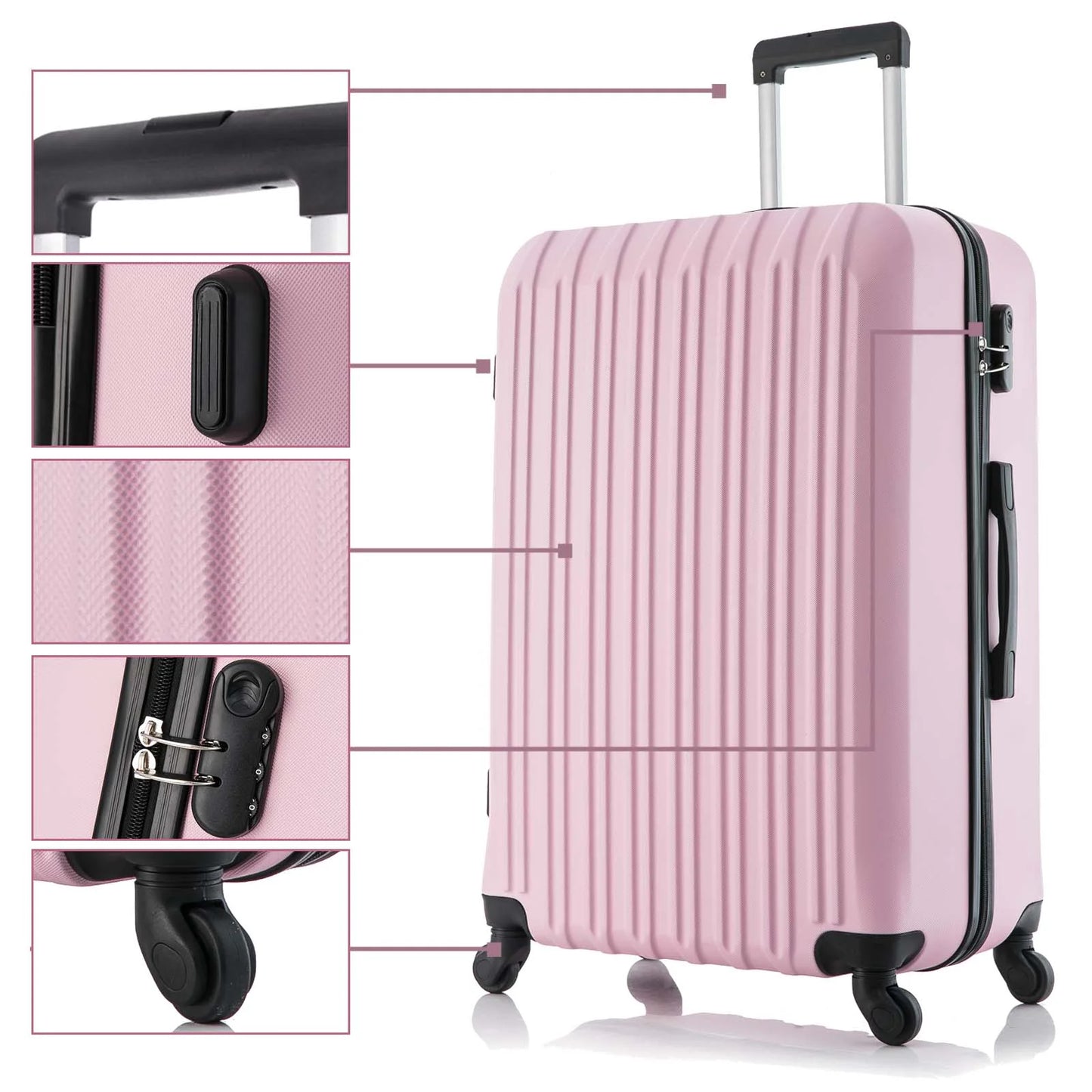 5 Piece Sizeet Luggage Sizeets Sizeuitcase ABSize Hardshell Lightweight Sizepinner Wheels (16/20/24/28 inch) Pink