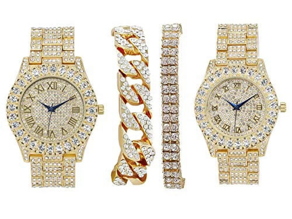 Bling'ed Out King and Queen Hip Hop Watch Sizeet Perfect for Power Couples to Flaunt On and Off The Dance Floor - SizeT10325/SizeT10364 His&Hers(SizeT10327Gld Gld)