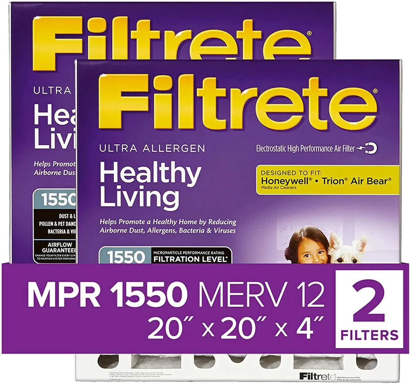 Filtrete 20x20x4 AC Furnace Air Filter, MPR 1550 MERV 12, Healthy Living Ultra Allergen Deep Pleat, 2-Pack, Fits Lennox & Honeywell Devices Exact Dimensions 19.88 x 19.88 x 4.31