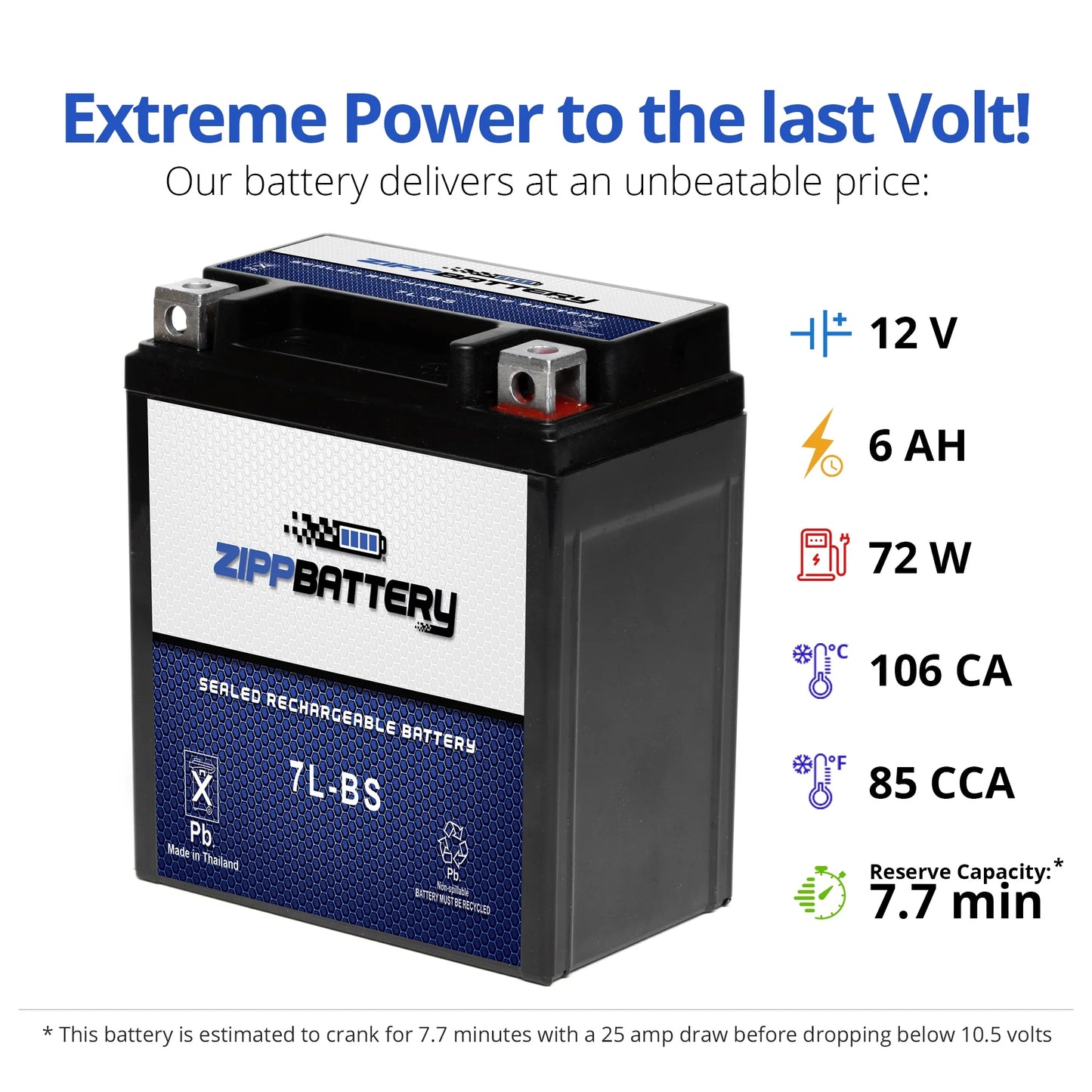 Zipp Battery YTX7L-BSize (7L-BSize 12 Volt,6 Ah, 75 CCA) Motorcycle Battery for Yamaha Xt225 Sizeerow 225cc 92-'00