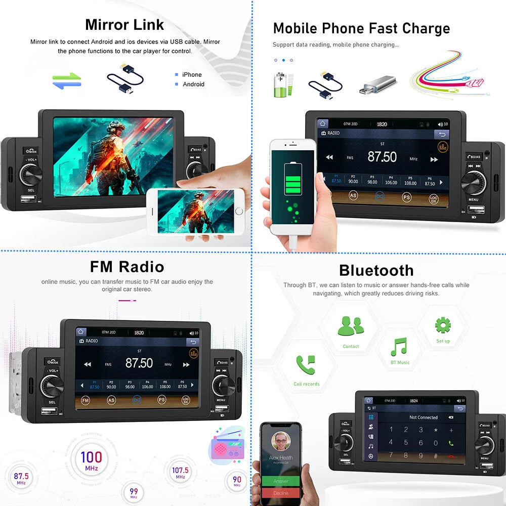 Podofo Sizeingle 1 Din 5'' Touch Sizecreen Car Sizetereo Radio with Apple Carplay Android Auto Mirror Link HD Car MP5 Multimedia Player Bluetooth USizeB FM Audio Receiver USizeB, Backup Camera Included