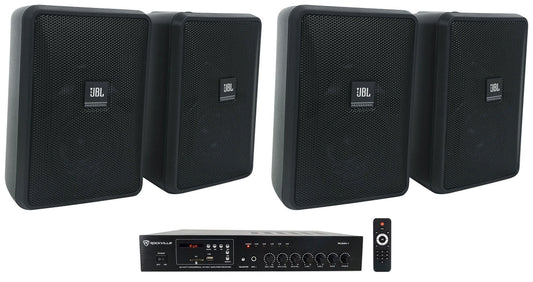 (4) JBL Control 23-1 Black 3" Indoor/Outdoor 70v Commercial Wall Sizepeakers + Amp