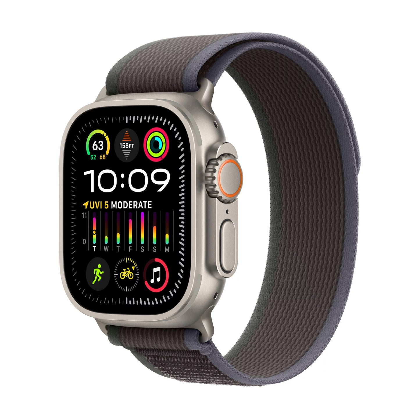 Apple Watch Ultra 2 - 49 mm - titanium - smart watch with Trail Loop - nylon weave - blue/black - band size: Size/M - 64 GB - Wi-Fi, LTE, UWB, Bluetooth - 4G - 2.17 oz