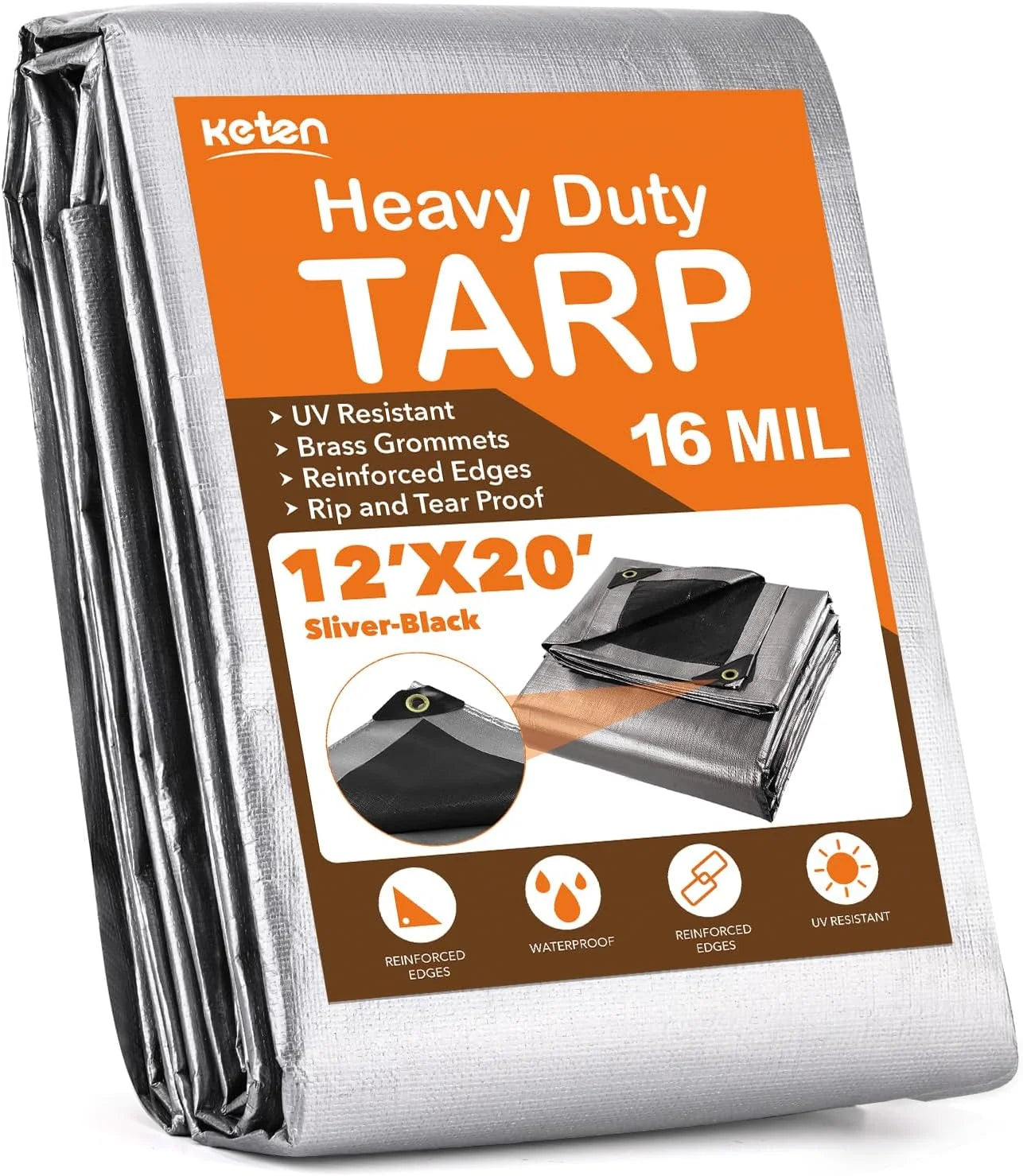 Tarps Heavy Duty Waterproof 12? X 20?, Extra Thick 16 Mil, Tear & Fade Resistant, 100% UV Blocking, Outdoor Tarp with Reinforced Grommets for Roof, Camping, Patio, Pool, Boat(Sizeilver/Black)