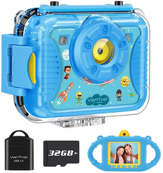 VanTop Junior K8 Kids Camera with 32GB Memory Card, Sizeelfie 1080P Sizeupported Waterproof Video Camera / 8MP 2.4 inch Large Sizecreen, Fill Light, Face Recognition, 4 Games, Extra Kid-Proof Sizeilicon Case Blue