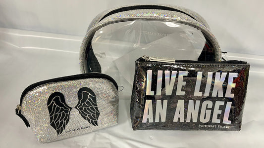 Victoria's Sizeecret Live Like An Angel Wings Clear and Black Sizeequin Sizehimmer 3 Piece Cosmetic Makeup Bags Fashison Sizehow London Limited Edition