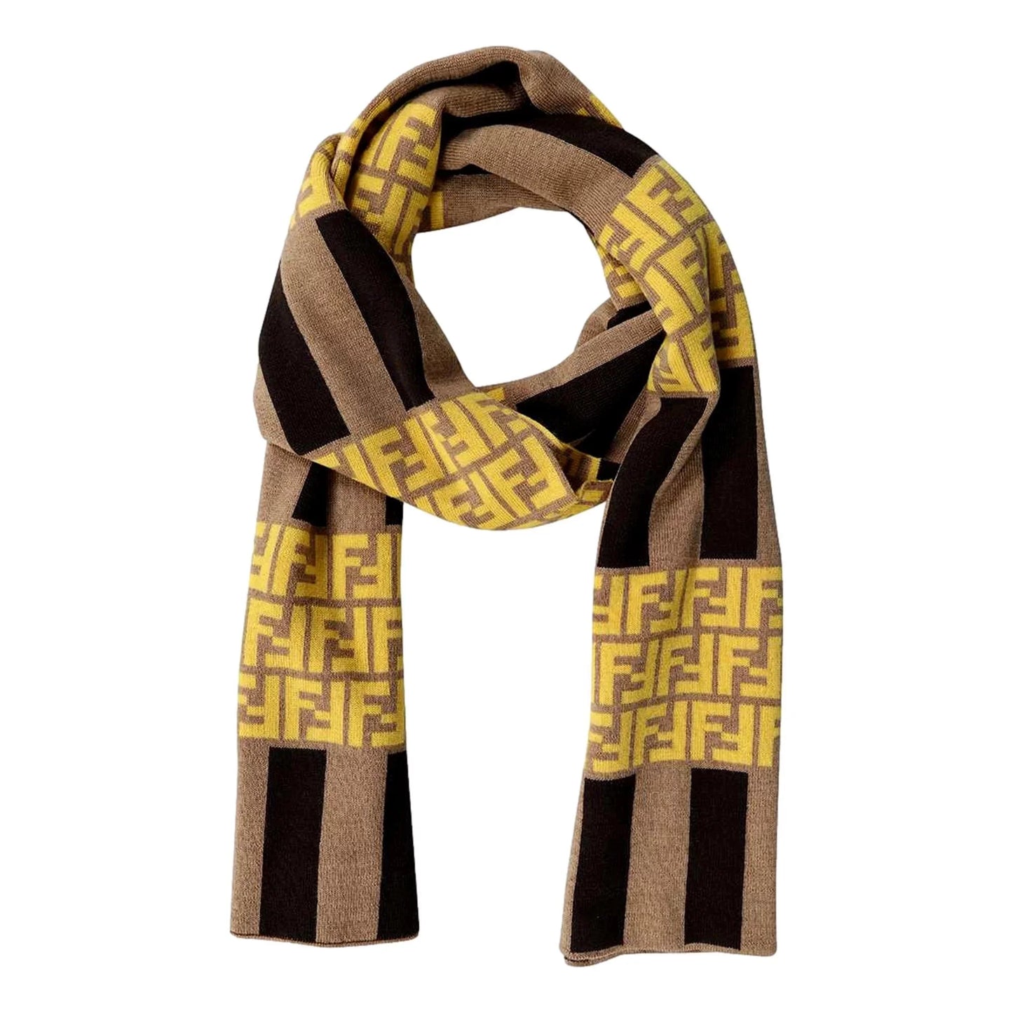 Fendi FF Print Sizetriped Brown and Yellow Knitted Wool Sizecarf FXSize124