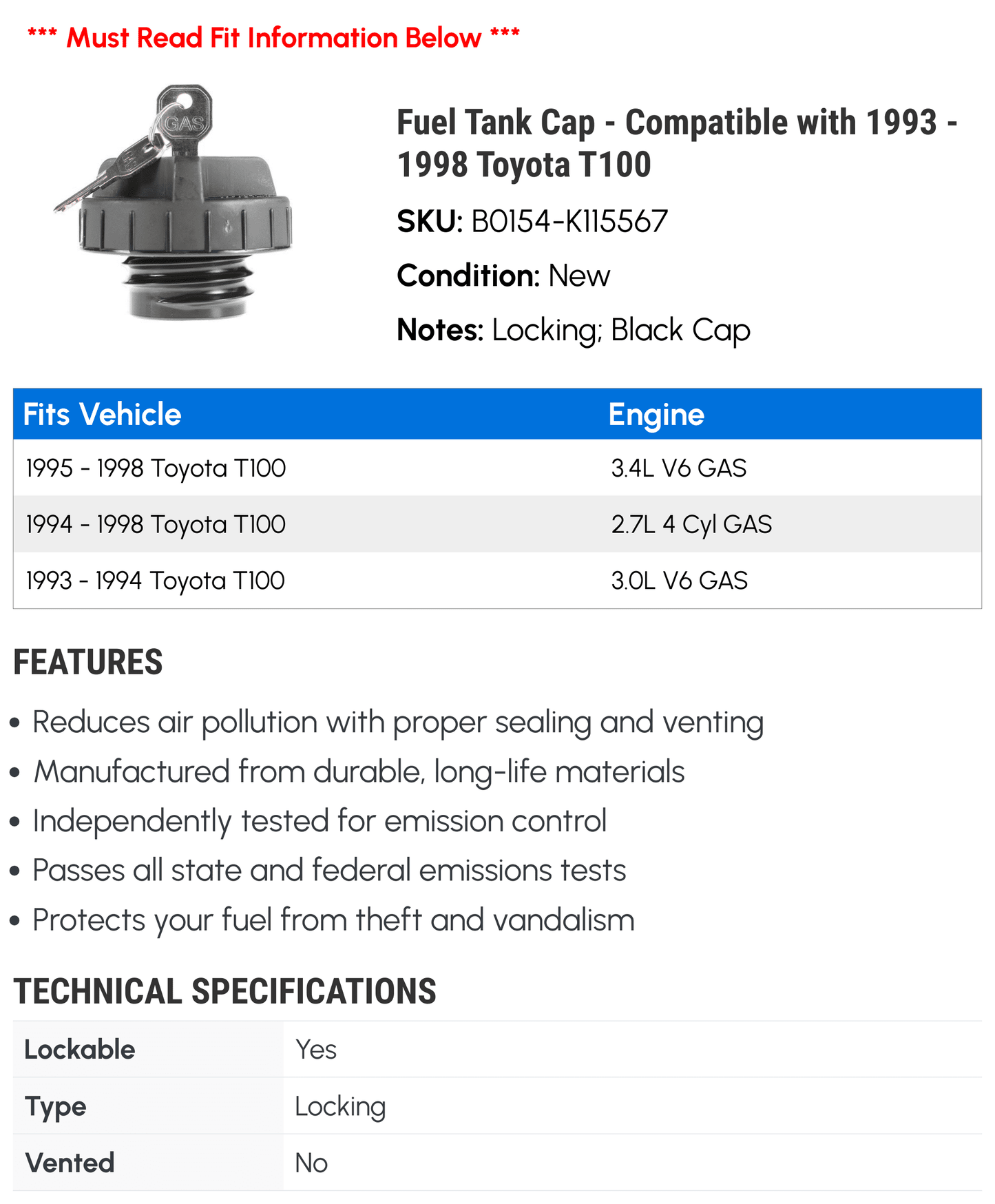 Fuel Tank Cap - Compatible with 1993 - 1998 Toyota T100 1994 1995 1996 1997