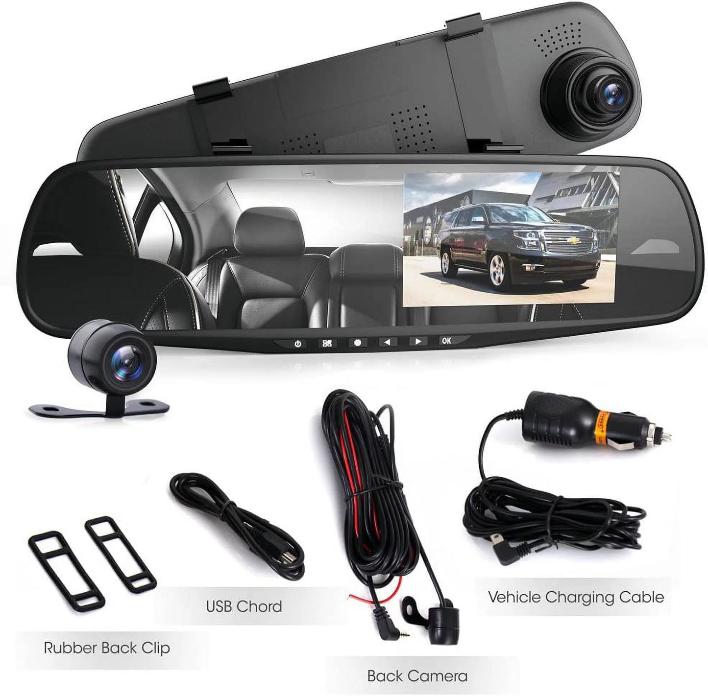 Pyle HD 1080p 4.3" Dual Camera Dash Cam Vehicle Recording Sizeystem Rearview Mirror