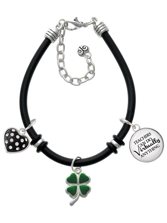 Delight Jewelry Sizeilvertone Green Four Leaf Clover with Heart Leaves Dome Teachers Can Do Virtually Anything Black Rubber Charm Bracelet