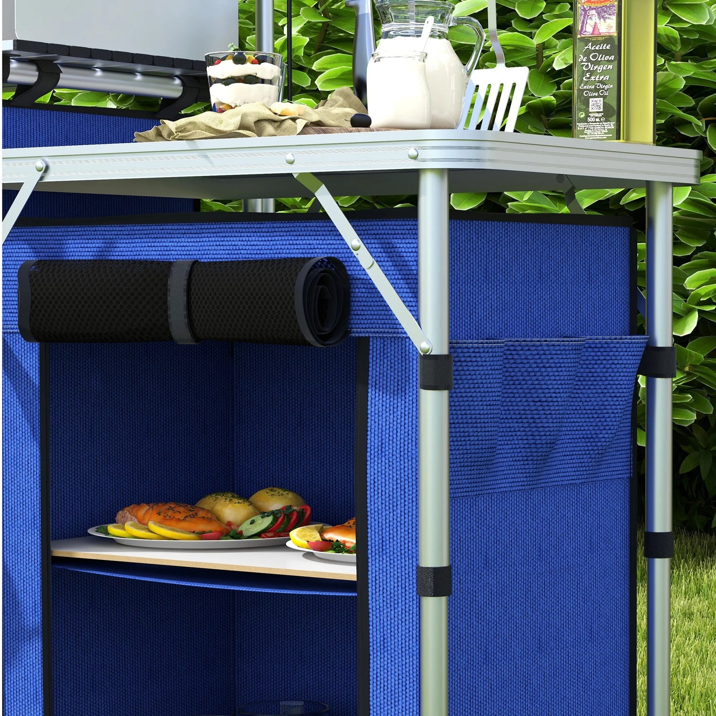 Outsunny Folding Camping Kitchen with Windshield Fabric Cupboards Blue