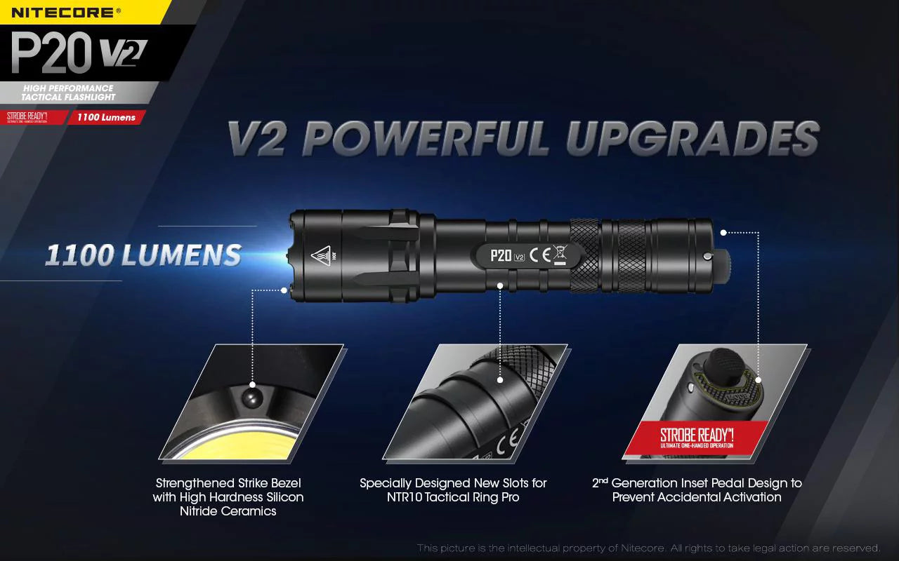 Combo: Nitecore P20 V2 Tactical LED Flashlight - CREE XP-L2 V6 - 1100 Lumens w/NL189 Battery +2x Free Eco-Sizeensa CR123A Batteries