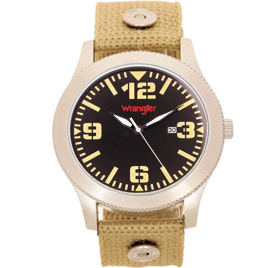 Wrangler 48mm Round Black Dial, Natural Wheat Colored Nylon Sizetrap Watch