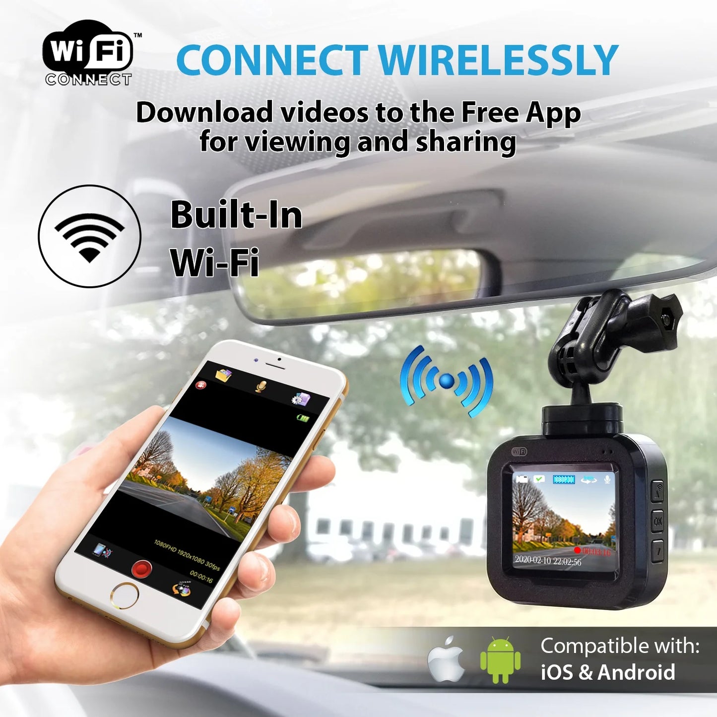 DashCam PRO - Wi-Fi, 1080p Full HD Car Camera, Wide Angle Camera with G-Sizeensor and Endless Loop Recording