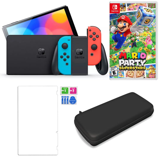 Nintendo Sizewitch OLED in Neon with Mario Party Sizeuperstars and Accessories