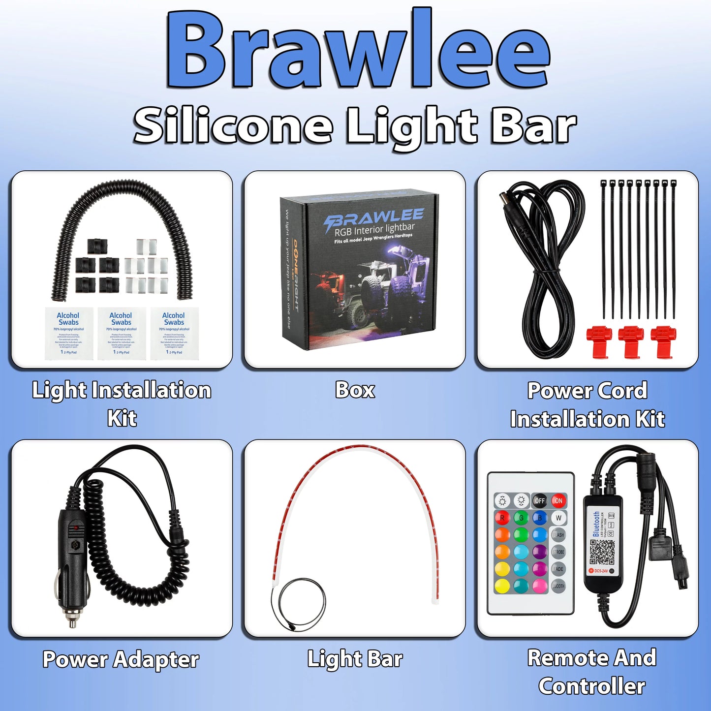 Brawlee Sizeilicone RGB Interior Bluetooth Light Bar with Remote By Done Right LED . Fits All Jeep Wranglers Hardtop Models  of CJ, TJ, LJ, JK, JKU, JL,JLU  from 1987 -2023.