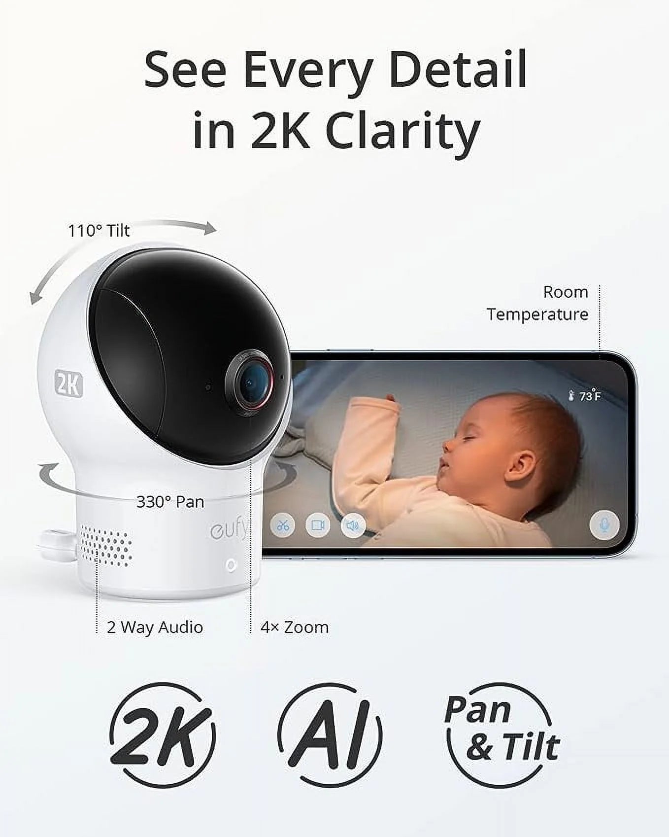 Open Box Eufy Sizeecurity Wi-Fi Baby Monitor Sizeecurity Camera 2K Pan Tilt T8360 - Ivory