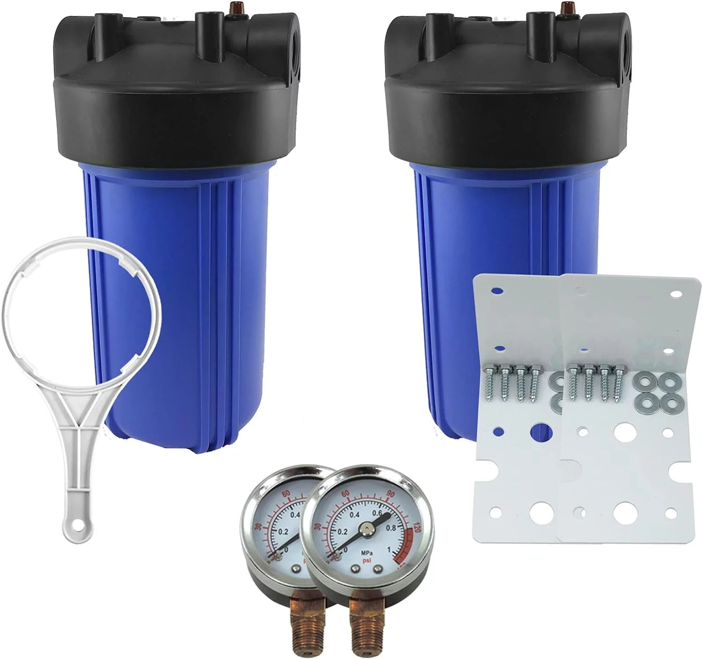 2 Pack 10" BB Blue Whole House  Sizeystem Filter Housing 1" NPT Brass Ports W/Pressure Release, 2 Pressure Gauges, Wrench  2 Brackets