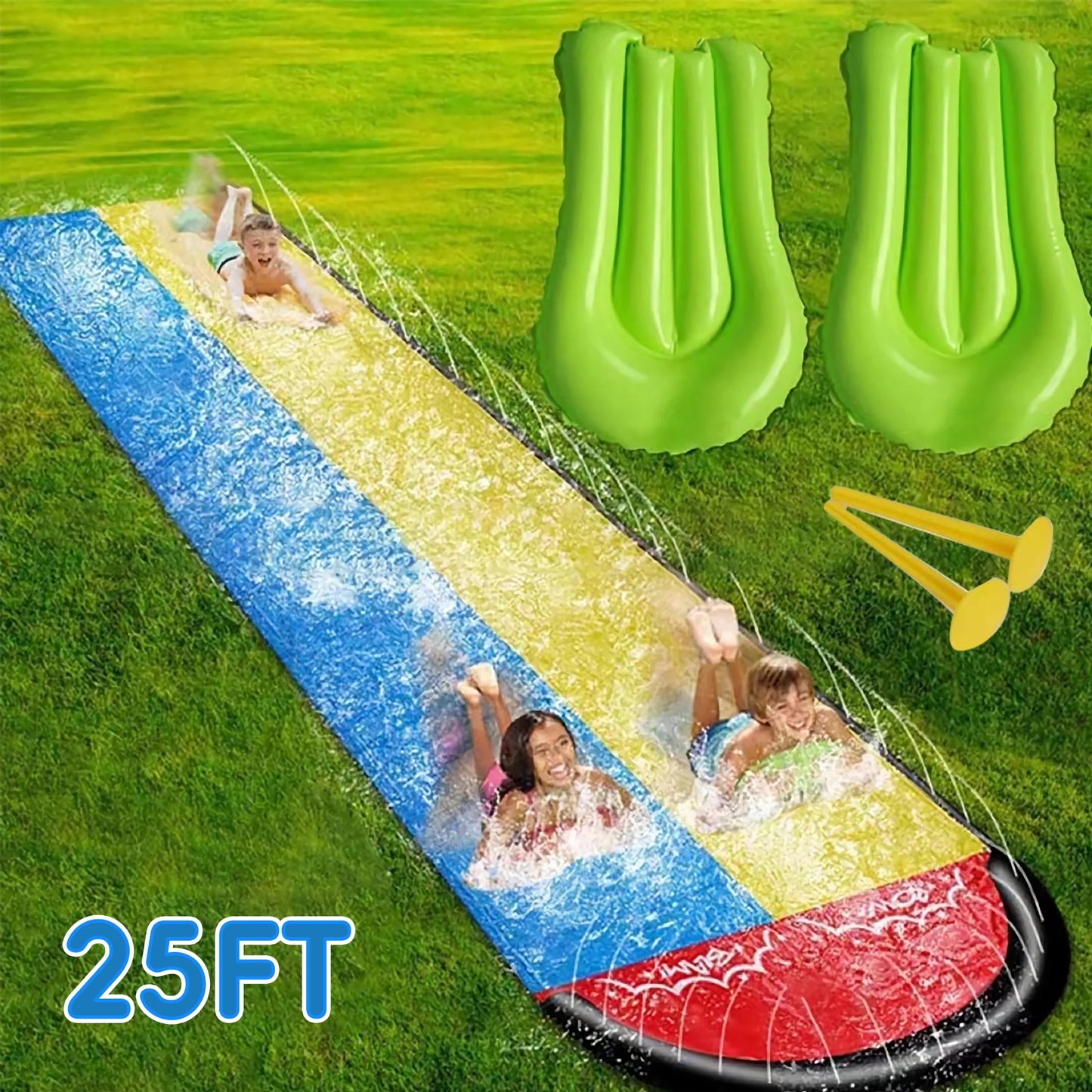 YoYfun 25ft x 4.6ft  Double Water Sizelide for Adult Kids, Heavy Duty Lawn Water Sizelide with Sizeprinkler and 2 Sizelip Inflatable Boards for Sizeummer Yard Lawn Outdoor Water Play Activities