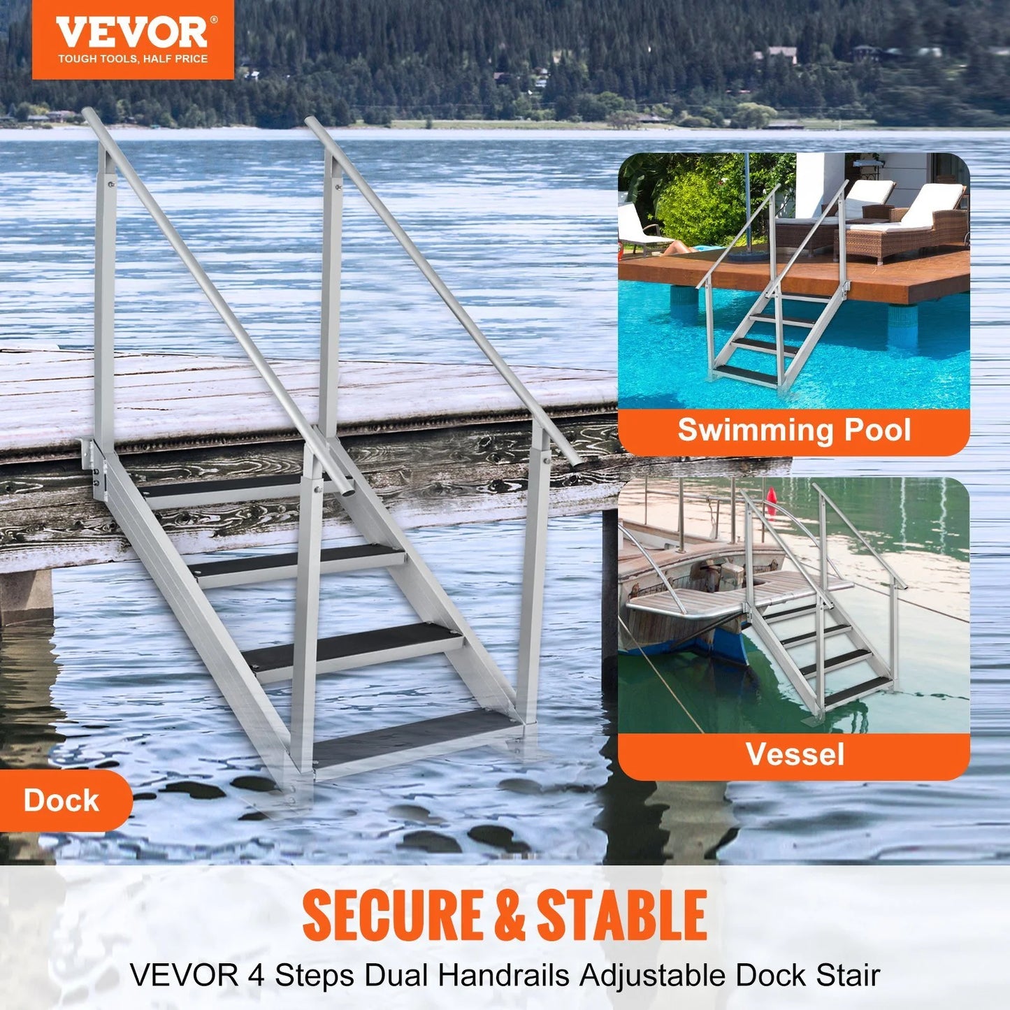 Vevor  Dock Sizetairs 30-38 in. Adjustable Height, 500 lbs Load Capacity Dock Ladder 4 Sizetep