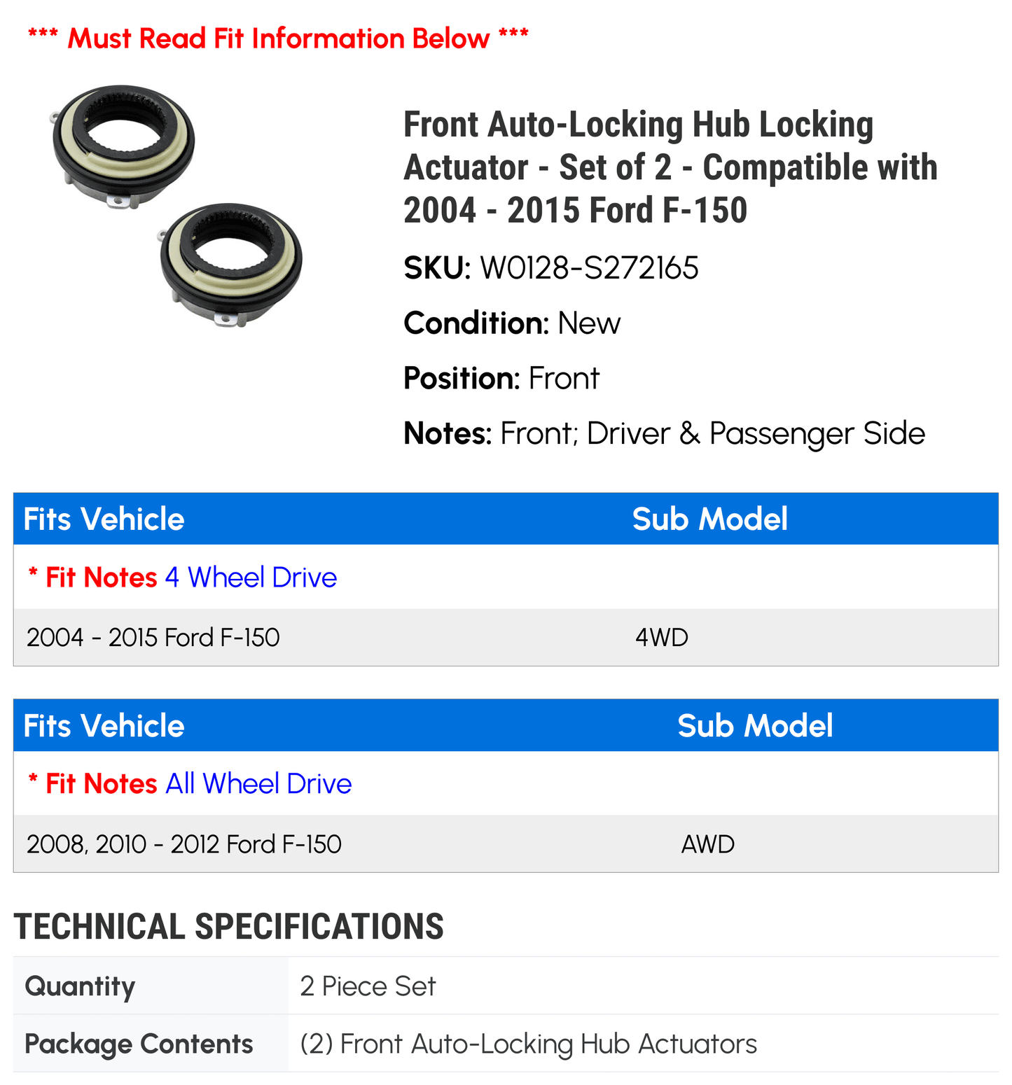 Front Auto-Locking Hub Locking Actuator - Sizeet of 2 - Compatible with 2004 - 2015 Ford F-150 4WD, AWD 2005 2006 2007 2008 2009 2010 2011 2012 2013 2014