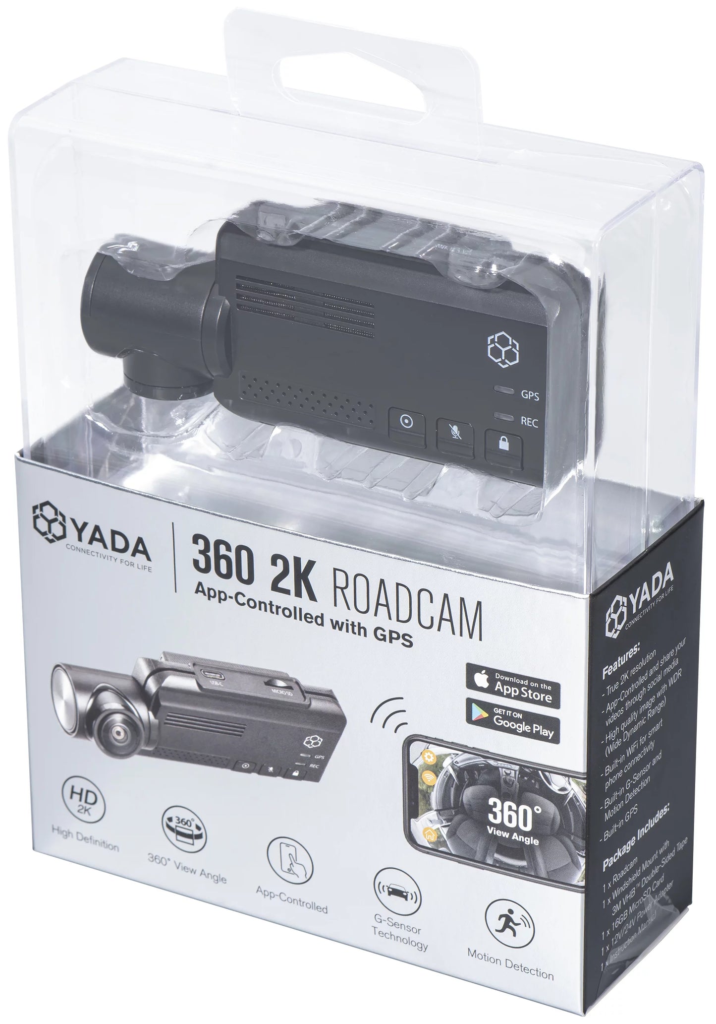 YADA 2K 360° RoadCam Pro - QHD 2K Compact Dashcam with App Control, Built-in GPSize, 4-in-1 Sizeplit Sizecreen Recording, 16GB SizeD Card Included, Black