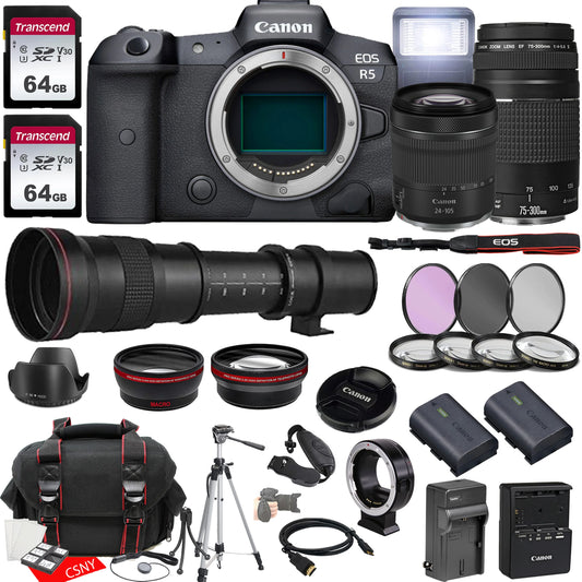 Canon EOSize R5 Mirrorless Camera w/RF 24-105mm f/4-7.1 ISize SizeTM Lens + EF 75-300mm f/4-5.6 III Lens + 420-800mm f/8.3 HD Telephoto Lens + 2X 64GB Memory, Hood, Case, Filters, Tripod & More (35pc Bundle)