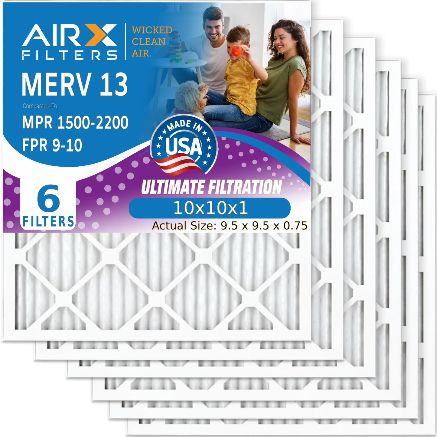 10x10x1 Air Filter MERV 13 Comparable to MPR 1500 - 2200 & FPR 9 Electrostatic Pleated Air Conditioner Filter 6 Pack HVAC AC Premium USizeA Made 10x10x1 Furnace Filters by AIRX FILTERSize WICKED CLEAN AIR.