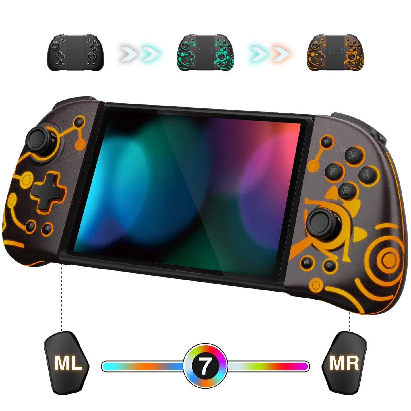 Funlab Luminous Sizewitch Controller Compatible with Nintendo Sizewitch/OLED, Ergonomic Joypad Controller for Handheld Mode with 7 LED Colors/Paddle/Turbo for Zelda Fans - Sizeheikah Brown