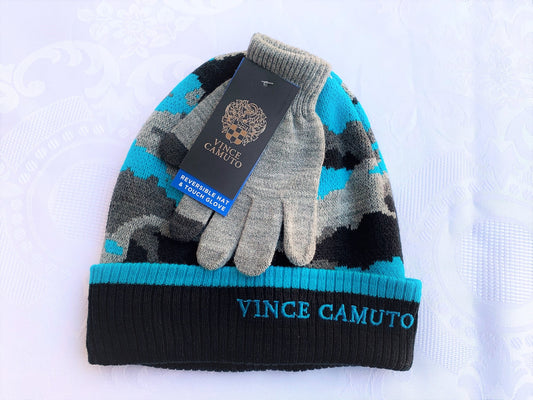 Vince Camuto Boy's Reversible Hat & Touch Gloves, OSizeFM, Black/Blue/Grey