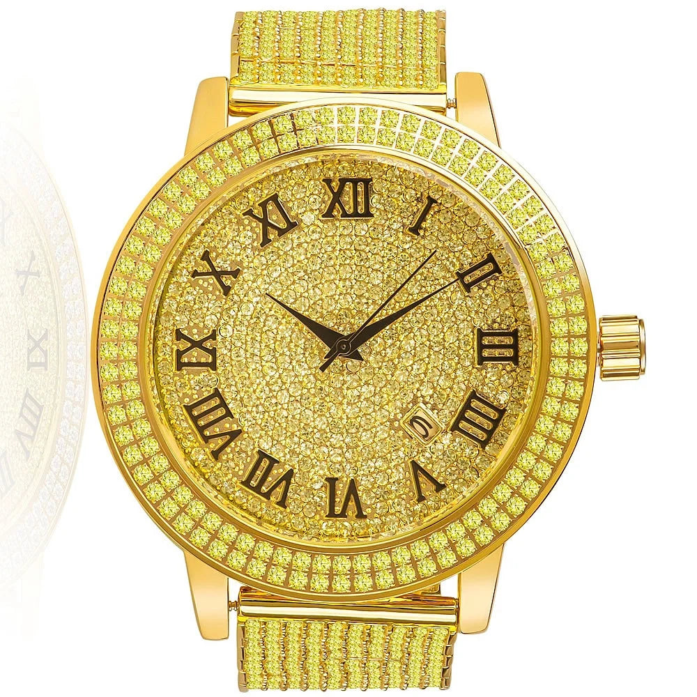 Canary Roman Dial Gold Tone Custom 2 Row Bezel 10 Row Band Joe Rodeo Jojo Jojino Khronos Watch W/Date