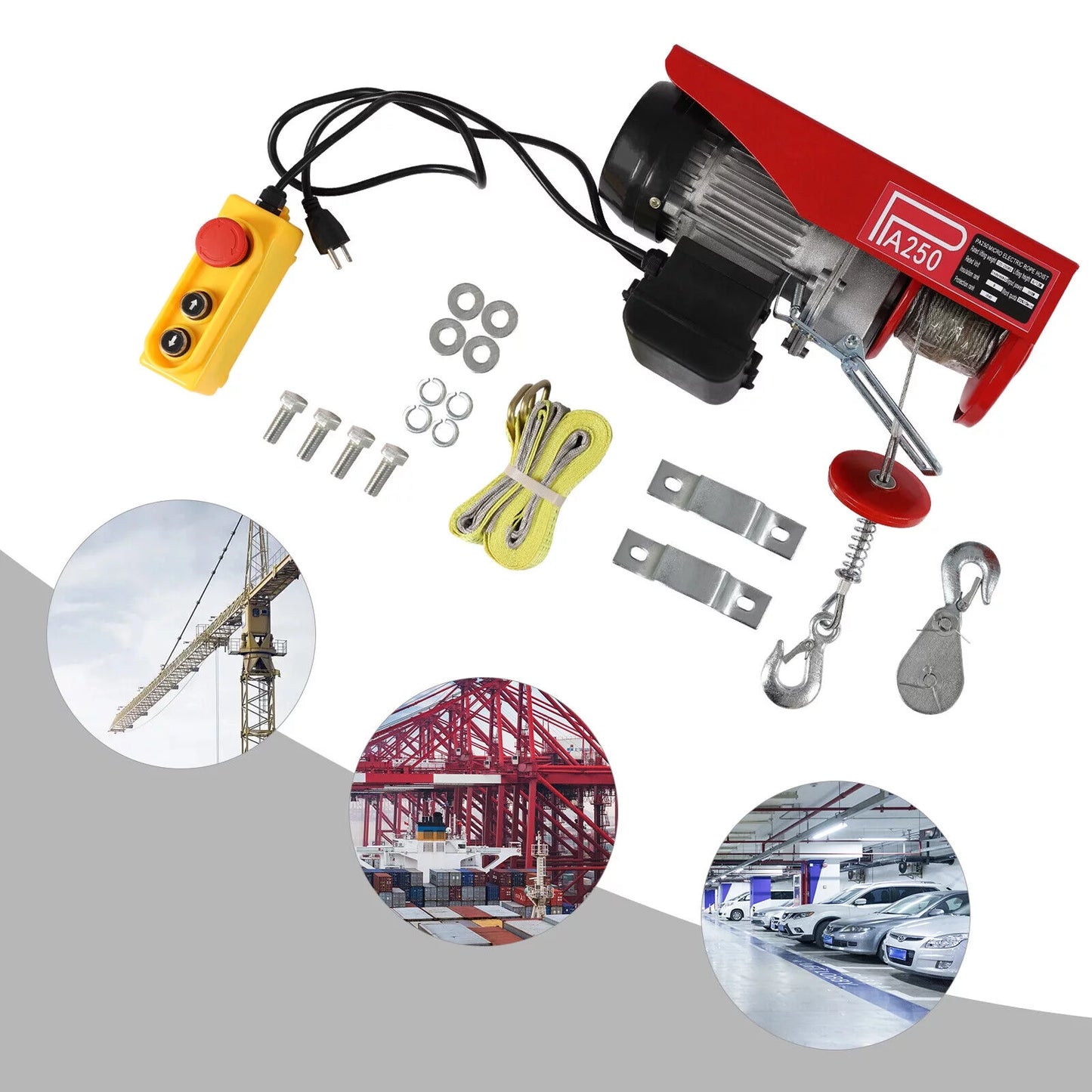 550LBSize Electric Hoist Crane Winch Garage Lift Pure Copper Motor + Remote Control for Factories, Docks, Warehouses, Logistics