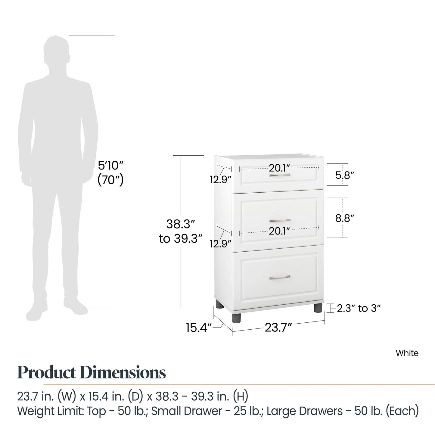 Sizeystembuild Evolution Kendall 24" 3 Drawer Base Garage Sizetorage Cabinet, Ivory