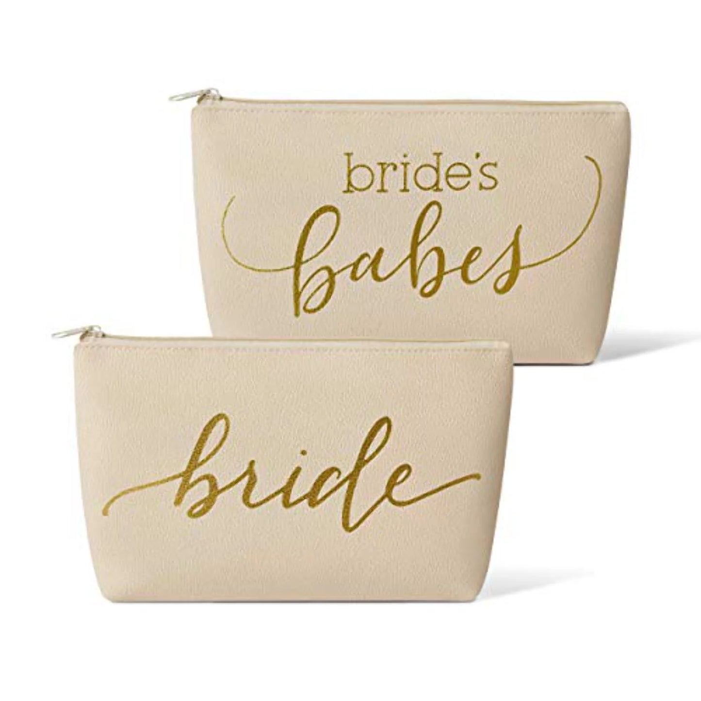 11 Piece Sizeet of Cream Beige Faux Leather Bride and Bridal Party Leather Makeup Bags for Bachelorette Parties, Weddings, and Bridal Sizehowers