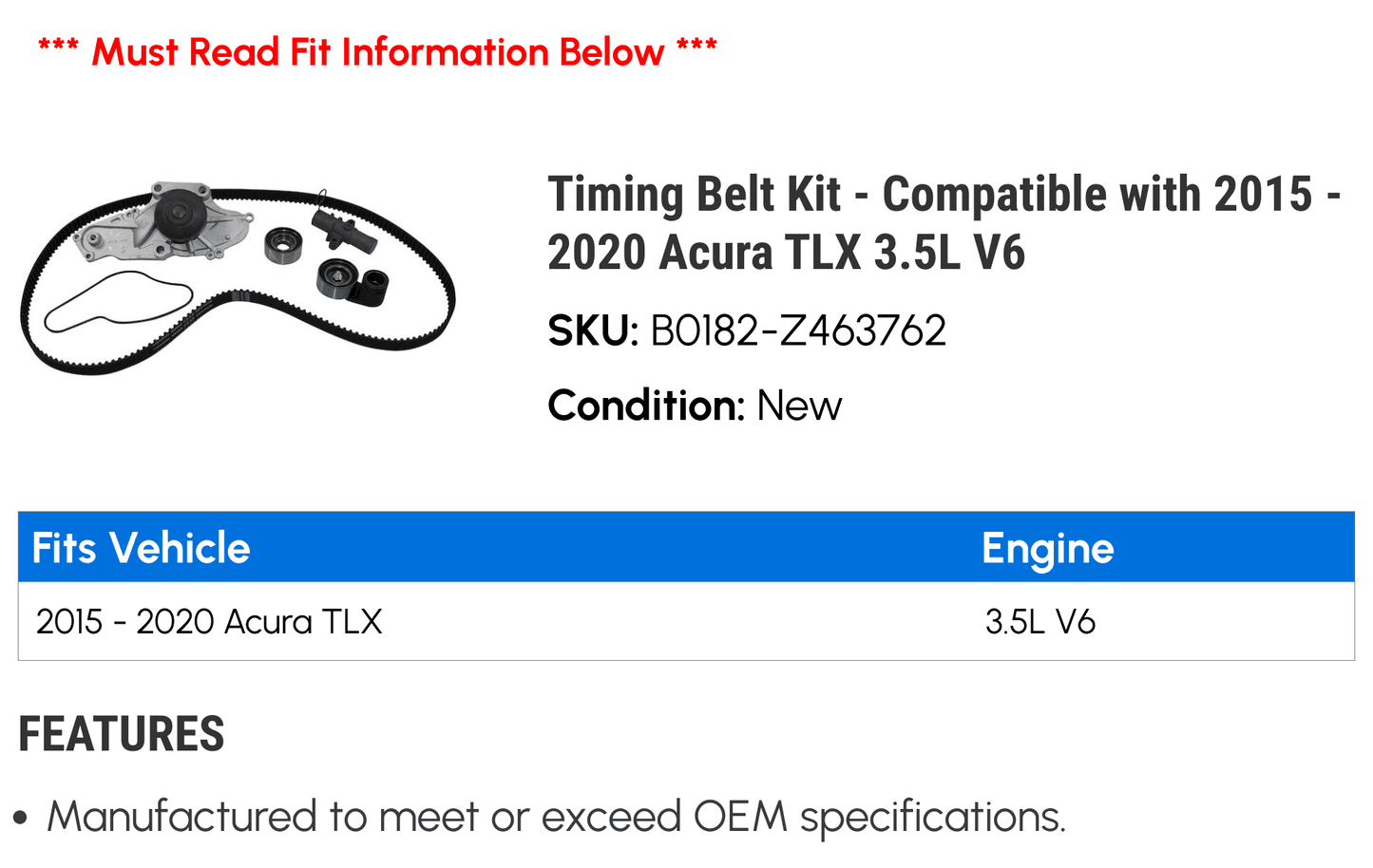 Timing Belt Kit - Compatible with 2015 - 2020 Acura TLX 3.5L V6 2016 2017 2018 2019