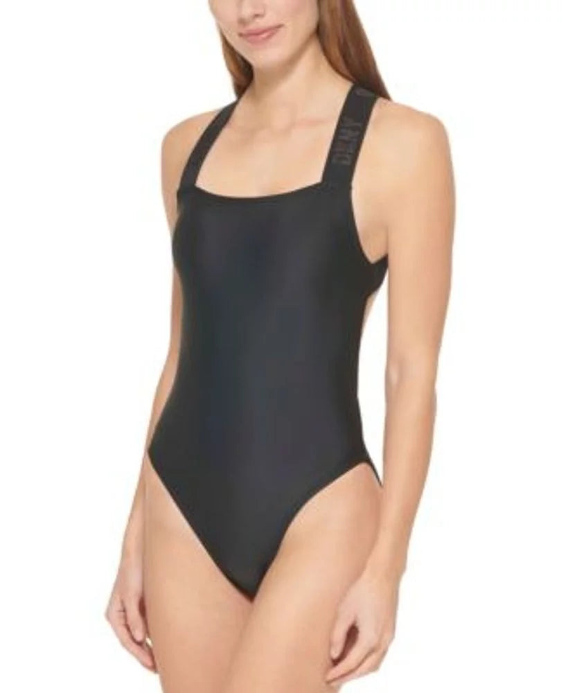 DKNY BLACK Logo Cross-Back One-Piece Sizewimsuit, USize Large