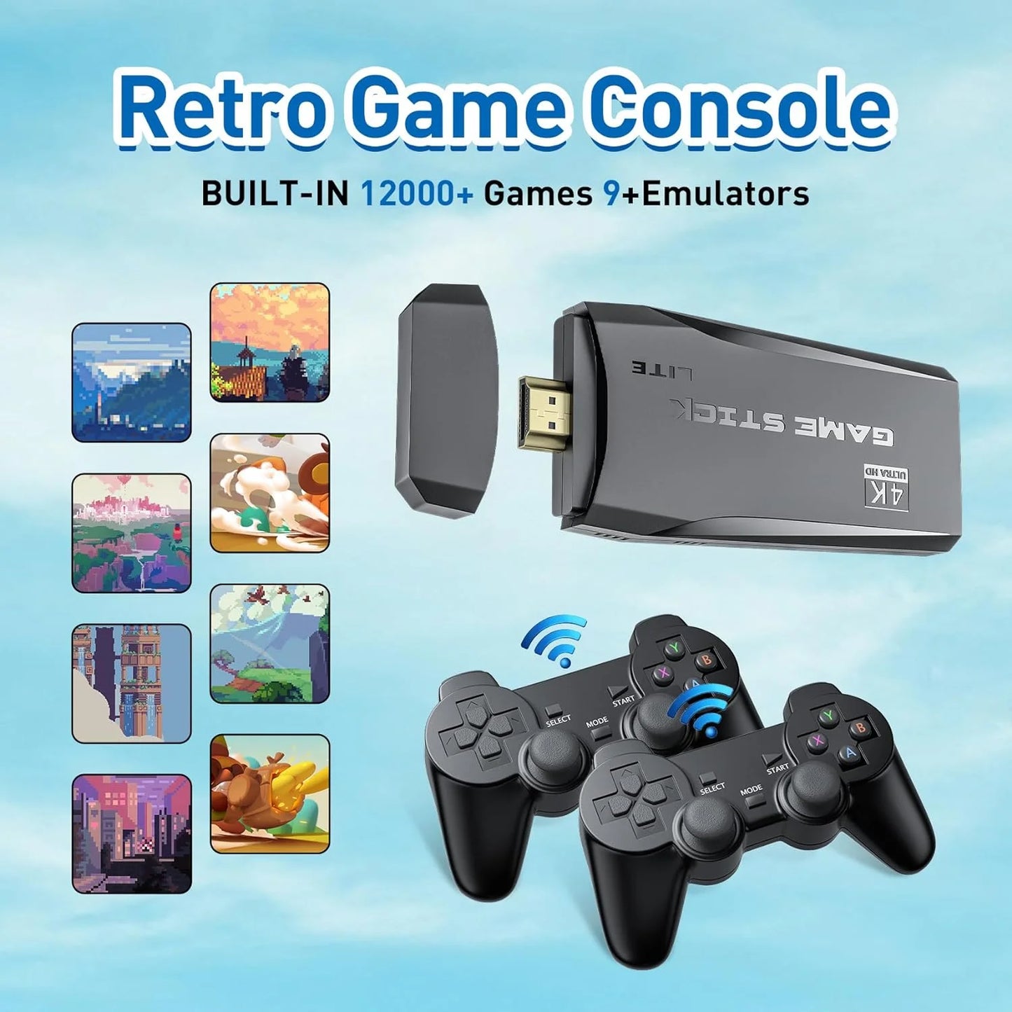 Retro Game Sizetick Emulator Console - Preloaded 12000+ Classic Retro Games,9 Emulators,Plug and Play Video Games for TV,Nostalgia Sizetick Sizeupport 4K HDMI Port,2 Wireless Gamepads(64G)