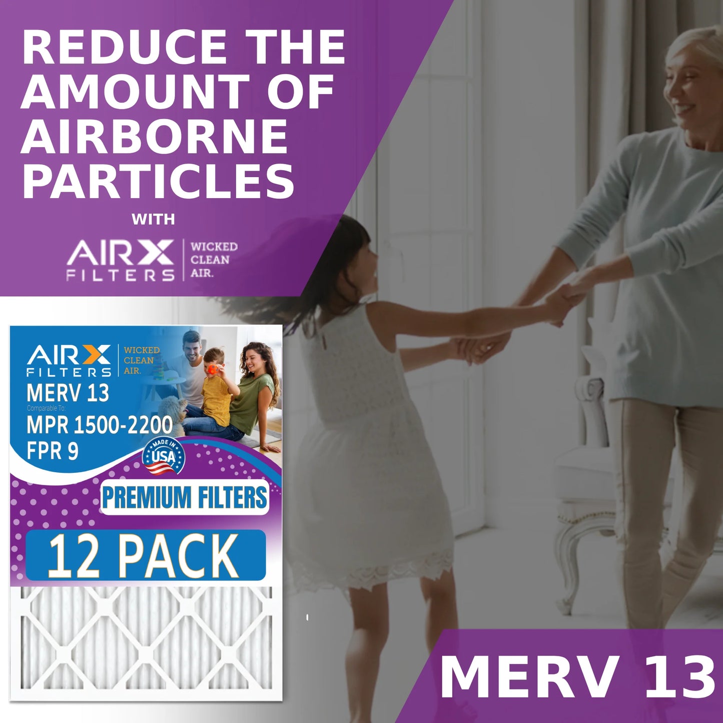 14x18x1 Air Filter MERV 13 Rating, 12 Pack of Furnace Filters Comparable to MPR 1500 - 2200 & FPR 9 - Made in USizeA by AIRX FILTERSize WICKED CLEAN AIR.