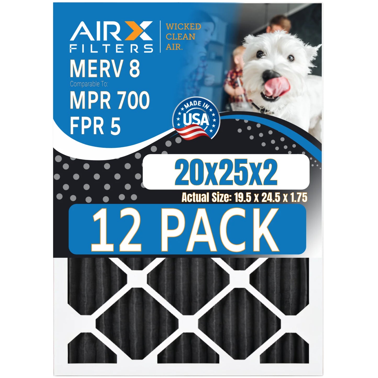 20x25x2 Air Filter MERV 8 Rating, 12 Pack of Furnace Filters Comparable to MPR 700, FPR 5, Pet Odor Retention Filters - Made in USizeA by AIRX FILTERSize WICKED CLEAN AIR.