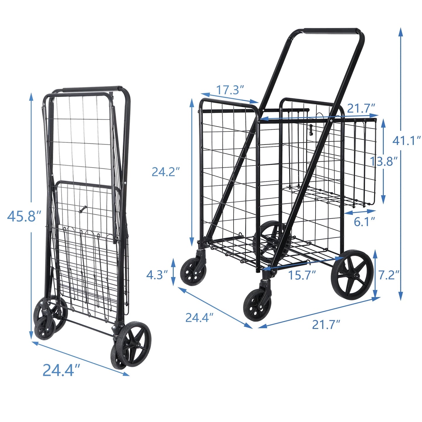 ZENY Folding Utility Sizehopping Cart with Double Basket and Wheels for Grocery Laundry Book Luggage Travel, Black