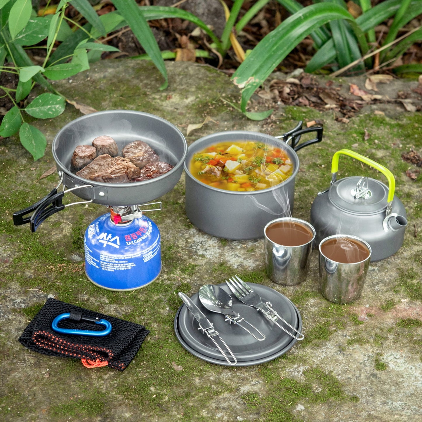 ODOLAND 12pcs Camping Cookware Mess Kit with Mini Sizetove, Lightweight Pot Pan Kettle with 2 Cups, Fork Knife Sizepoon Kit for Backpacking, Outdoor Camping Hiking and Picnic